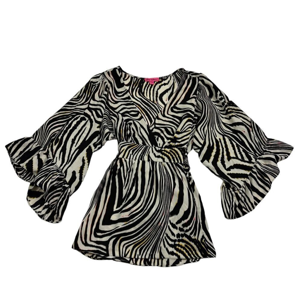 Betsey Johnson Zebra Print Ruffle Bell Sleeve Tie Waist  Blouse Women's Size XL